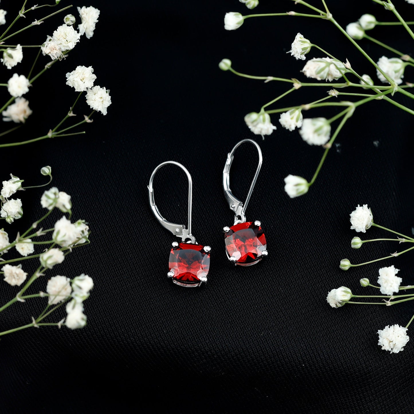 6.4 Carat Cushion Cut Garnet Solitaire Drop Earrings with Lever Back