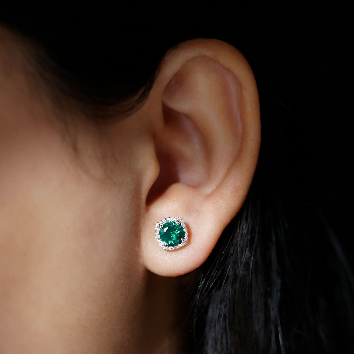 Classic Lab Grown Emerald Halo Stud Earrings with Certificate