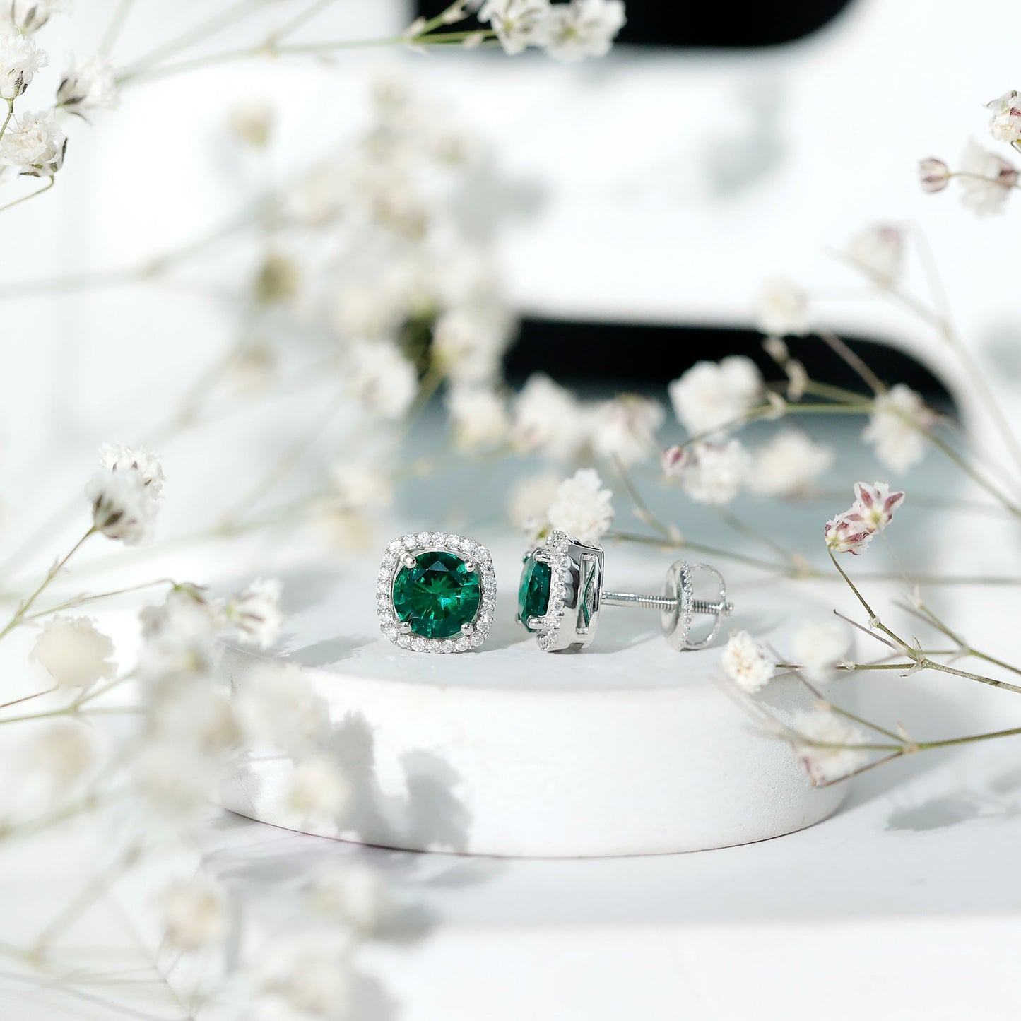 Classic Lab Grown Emerald Halo Stud Earrings with Certificate