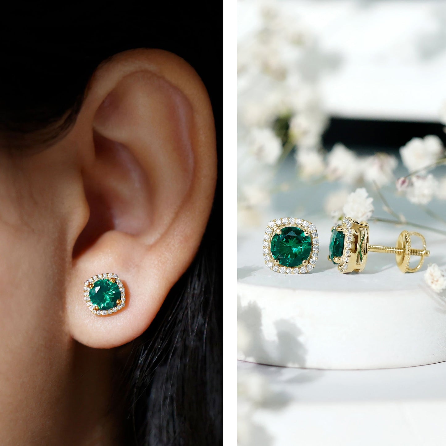 Classic Lab Grown Emerald Halo Stud Earrings with Certificate
