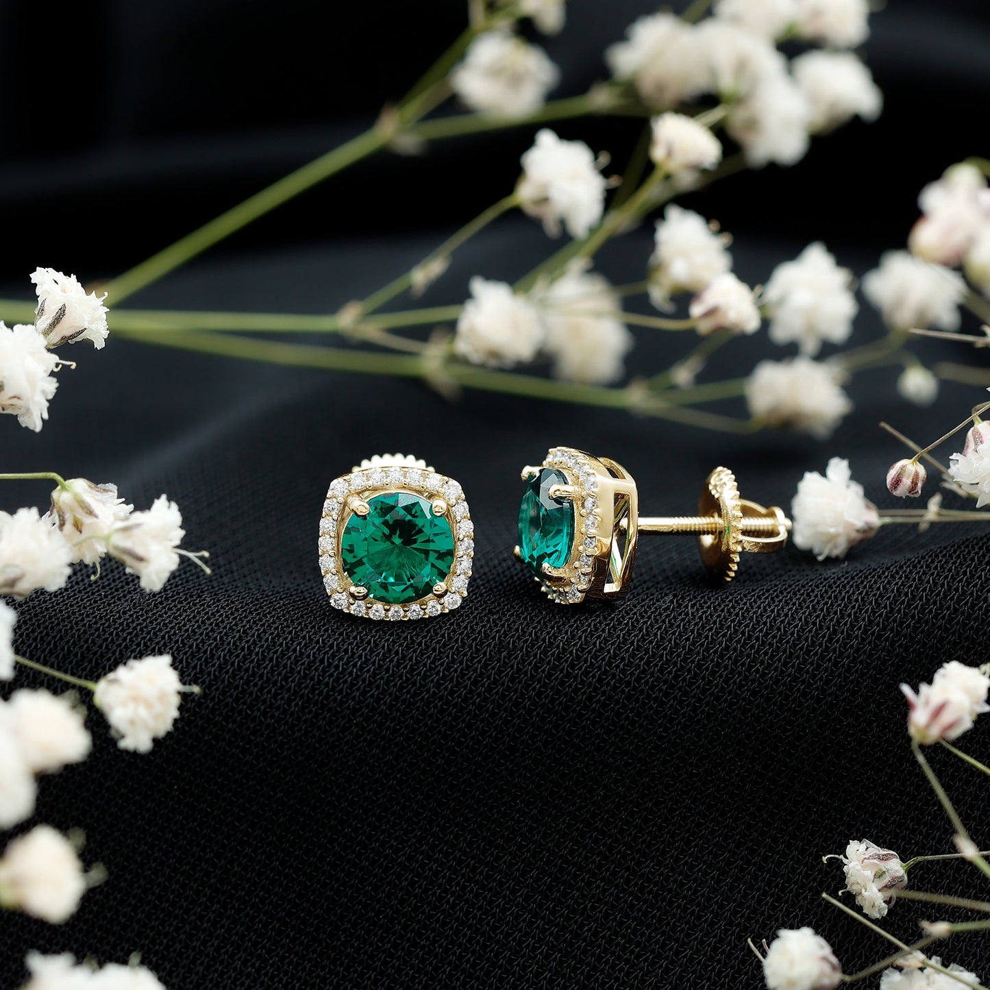 Classic Lab Grown Emerald Halo Stud Earrings with Certificate