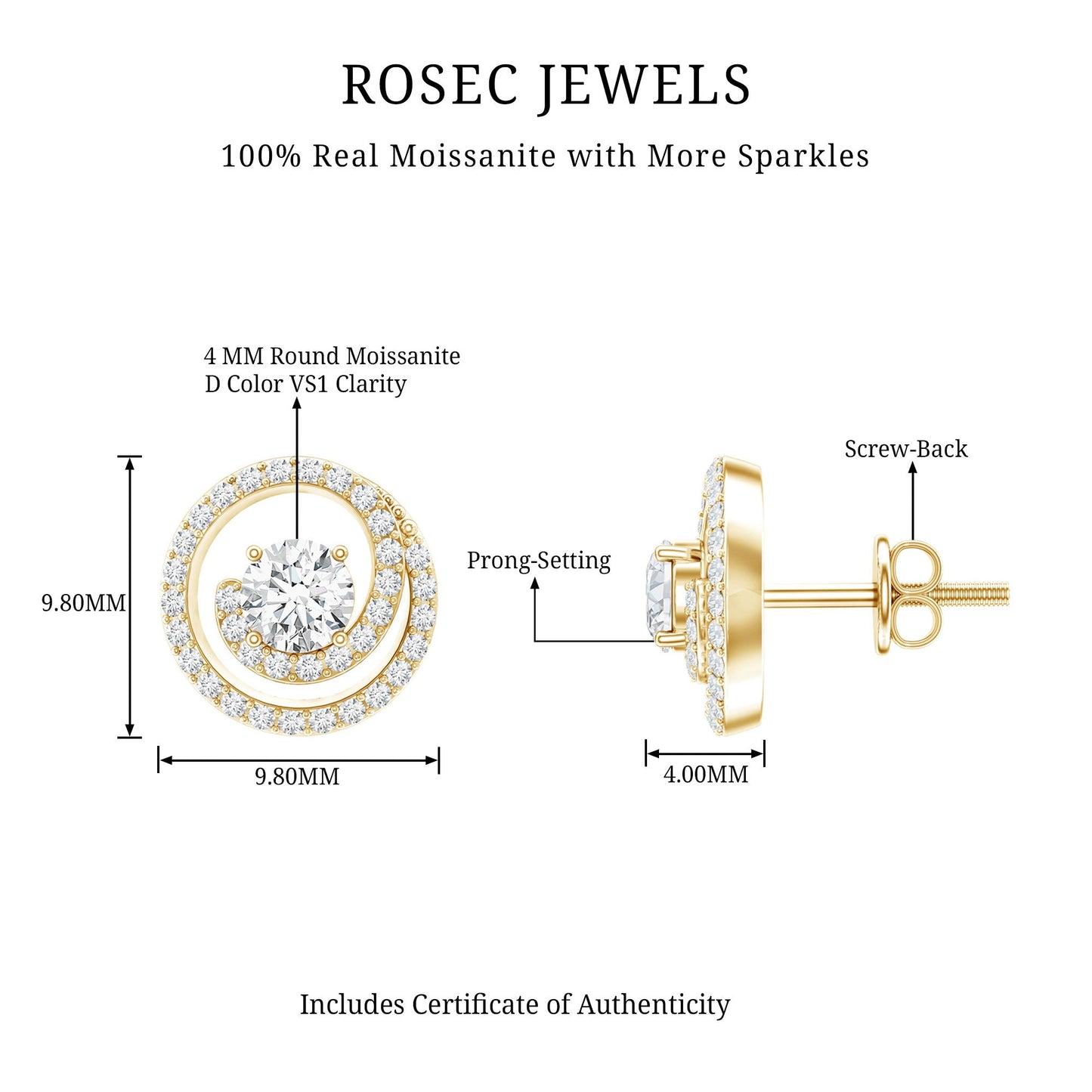 Certified Moissanite Swirl Earrings with Screw Back