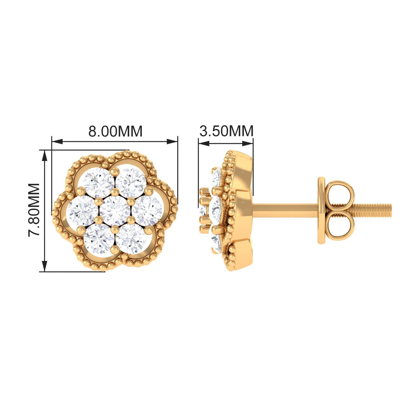 Genuine Diamond Flower Stud Earrings with Screw Back