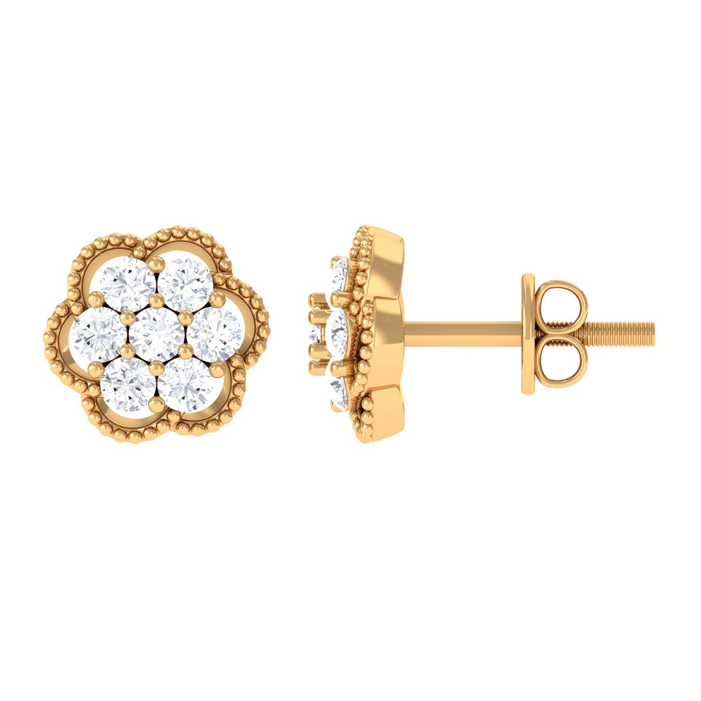 Genuine Diamond Flower Stud Earrings with Screw Back