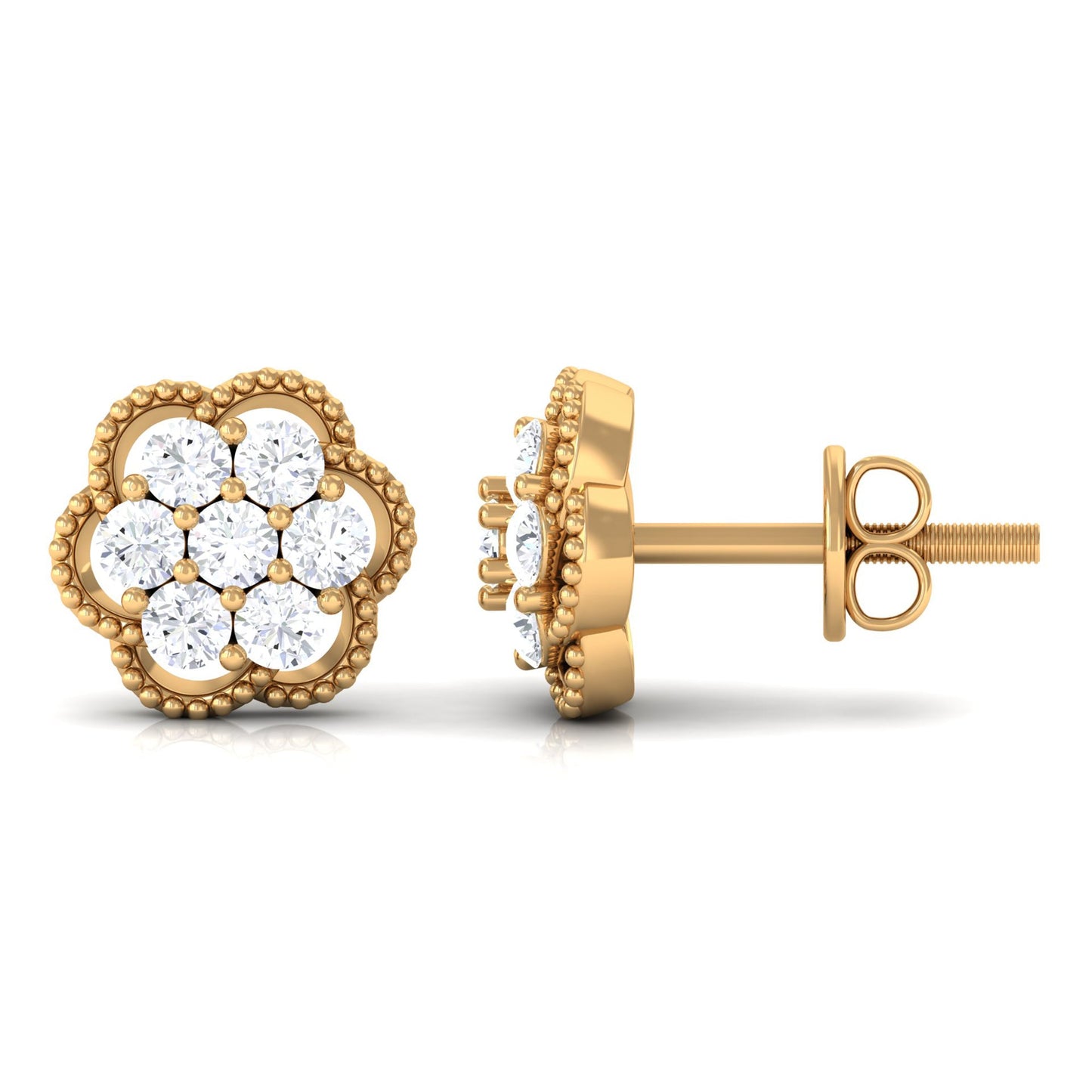 Genuine Diamond Flower Stud Earrings with Screw Back