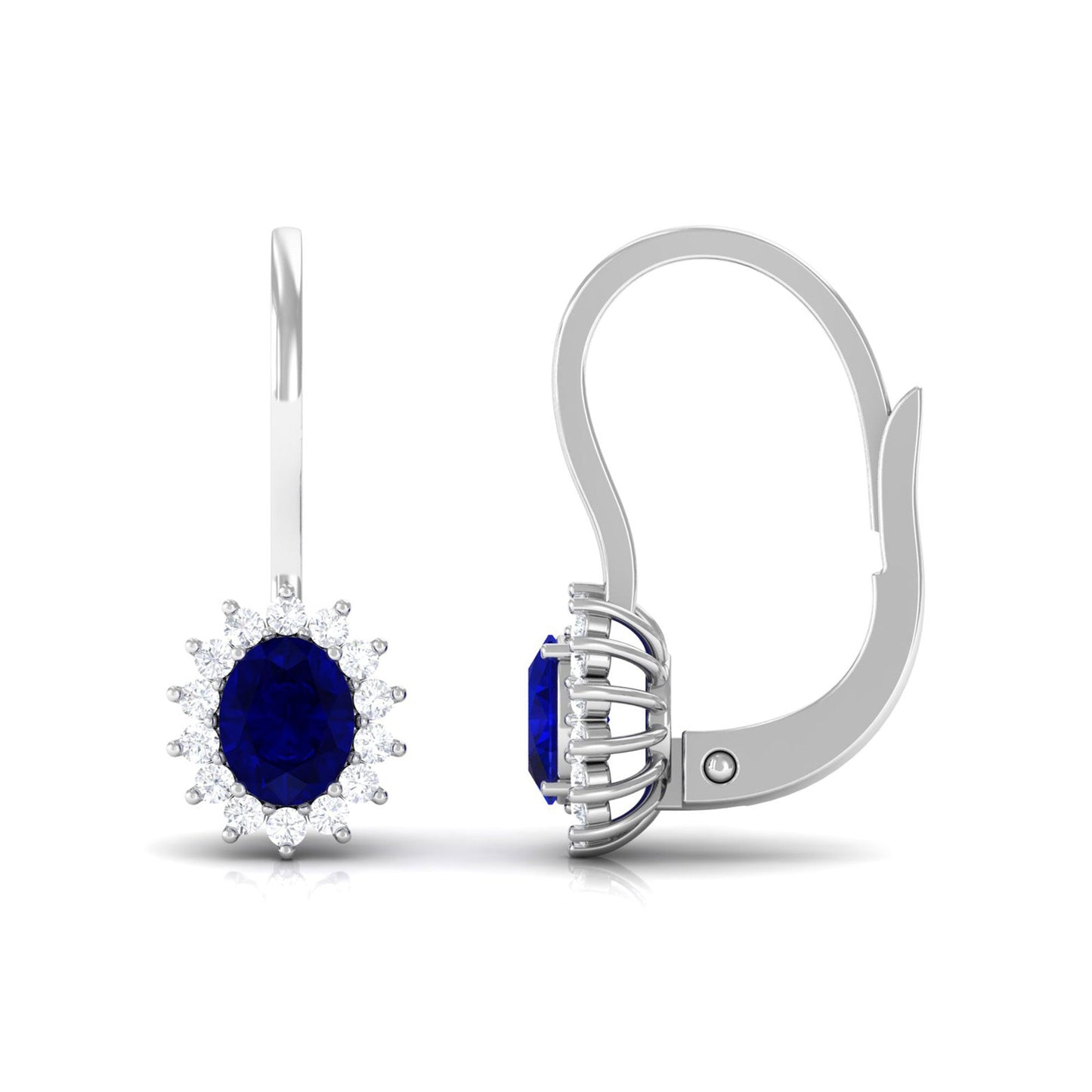 1.2 Carat Oval Blue Sapphire Drop Earrings with Diamond Halo