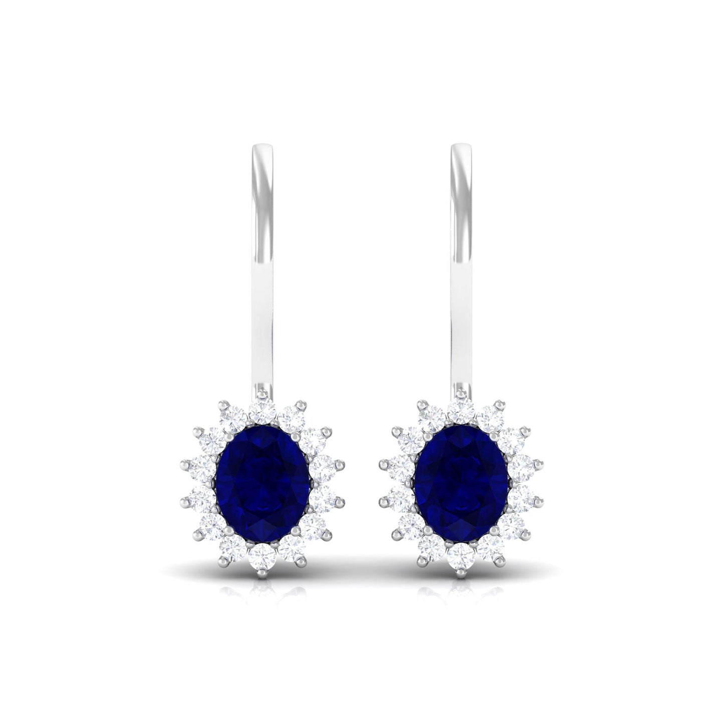 1.2 Carat Oval Blue Sapphire Drop Earrings with Diamond Halo