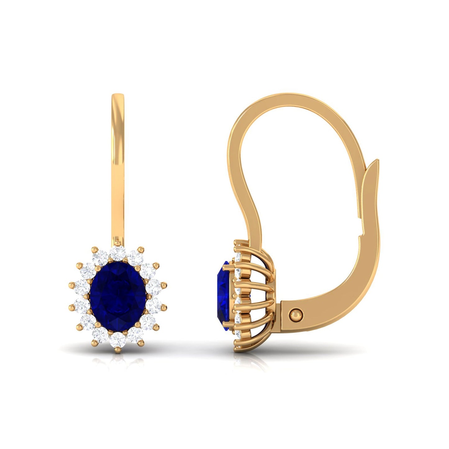 1.2 Carat Oval Blue Sapphire Drop Earrings with Diamond Halo