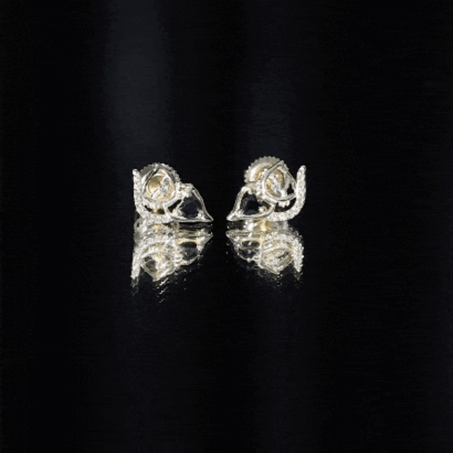 Heart Shape Lab Grown Black and White Diamond Cat Stud Earrings