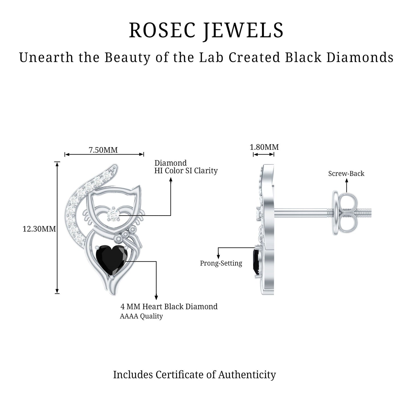 Heart Shape Lab Grown Black and White Diamond Cat Stud Earrings