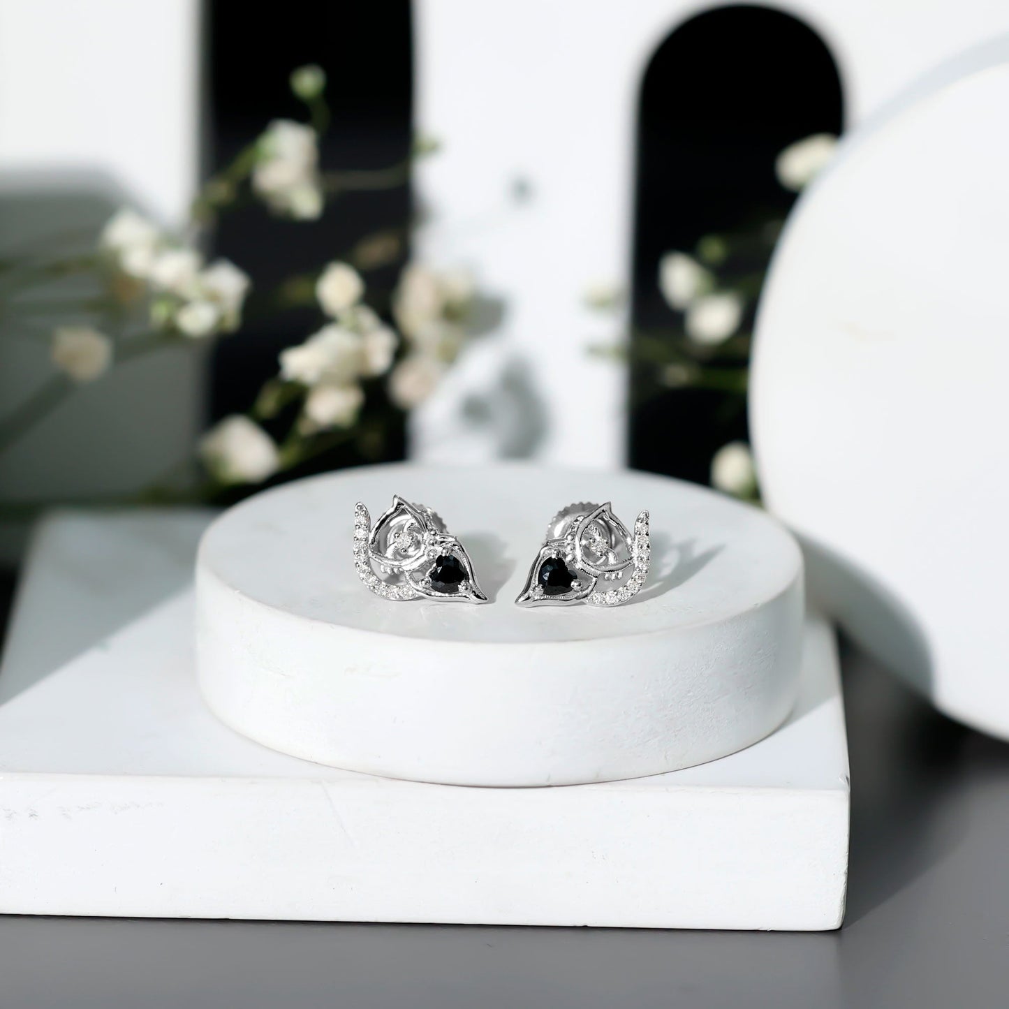 Heart Shape Lab Grown Black and White Diamond Cat Stud Earrings