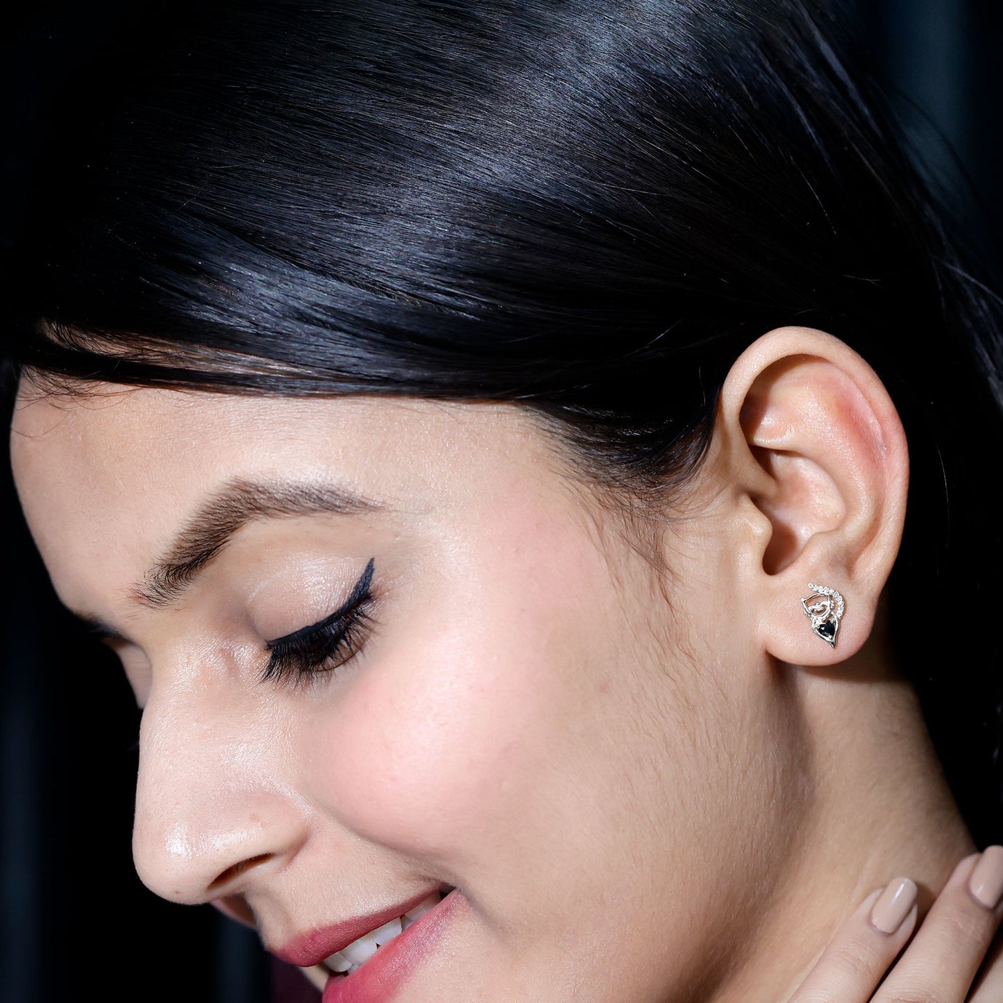 Heart Shape Lab Grown Black and White Diamond Cat Stud Earrings