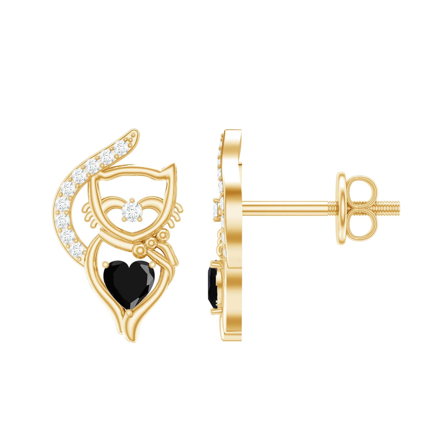 Heart Shape Lab Grown Black and White Diamond Cat Stud Earrings