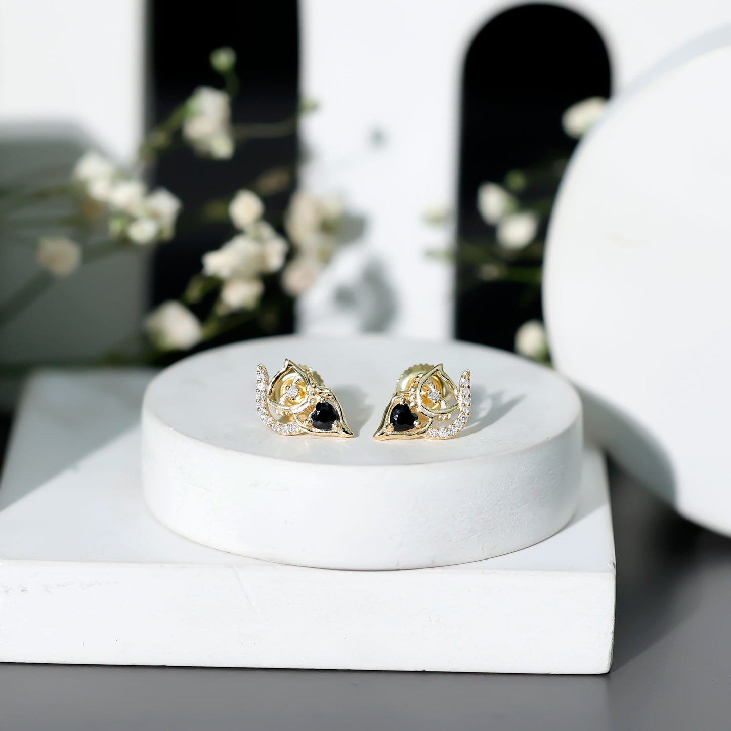 Heart Shape Lab Grown Black and White Diamond Cat Stud Earrings