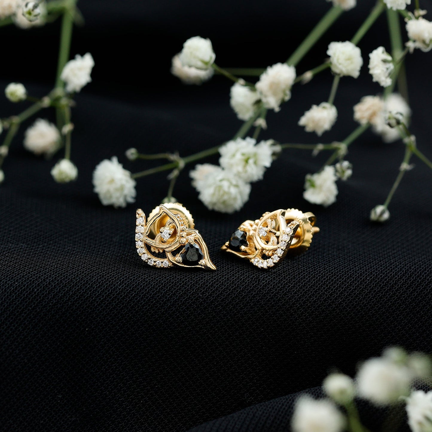 Heart Shape Lab Grown Black and White Diamond Cat Stud Earrings