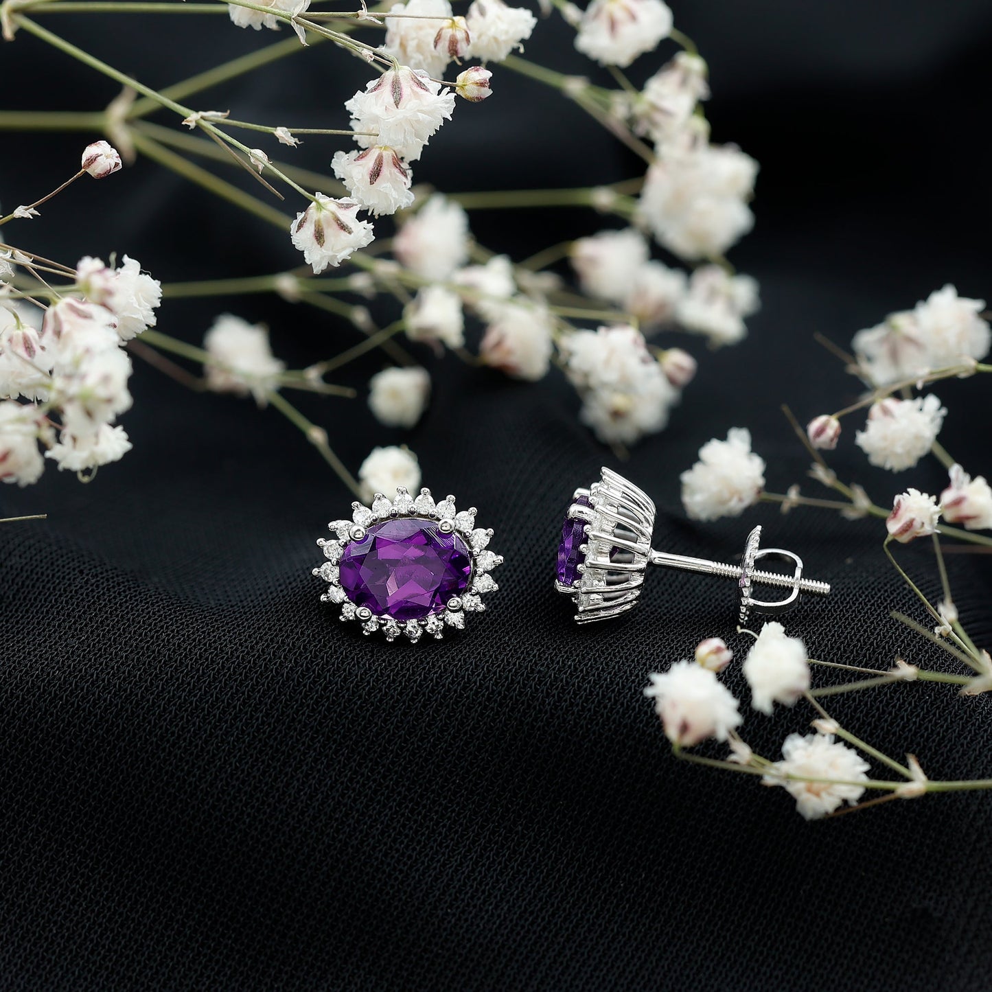 Classic Oval Amethyst Stud Earrings with Moissanite Halo
