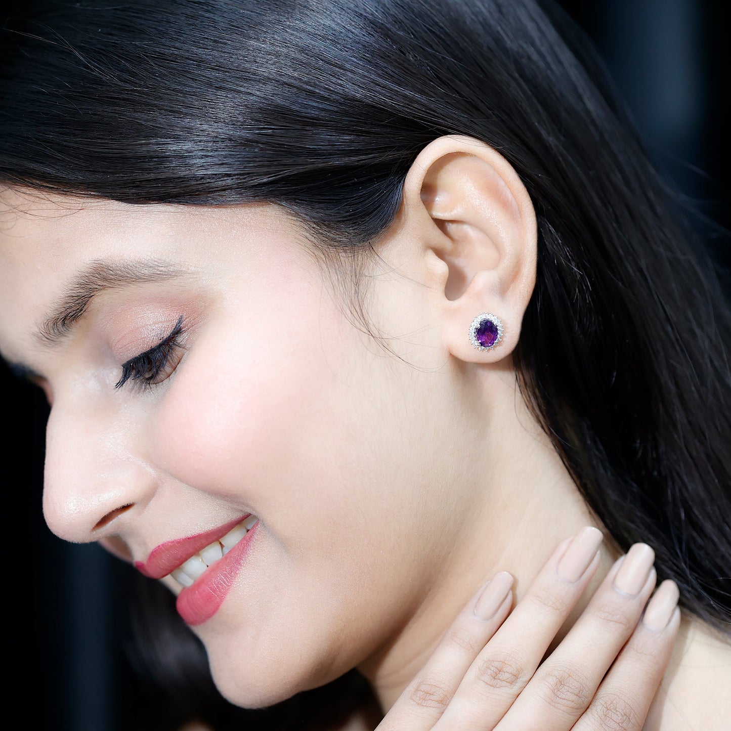 Classic Oval Amethyst Stud Earrings with Moissanite Halo