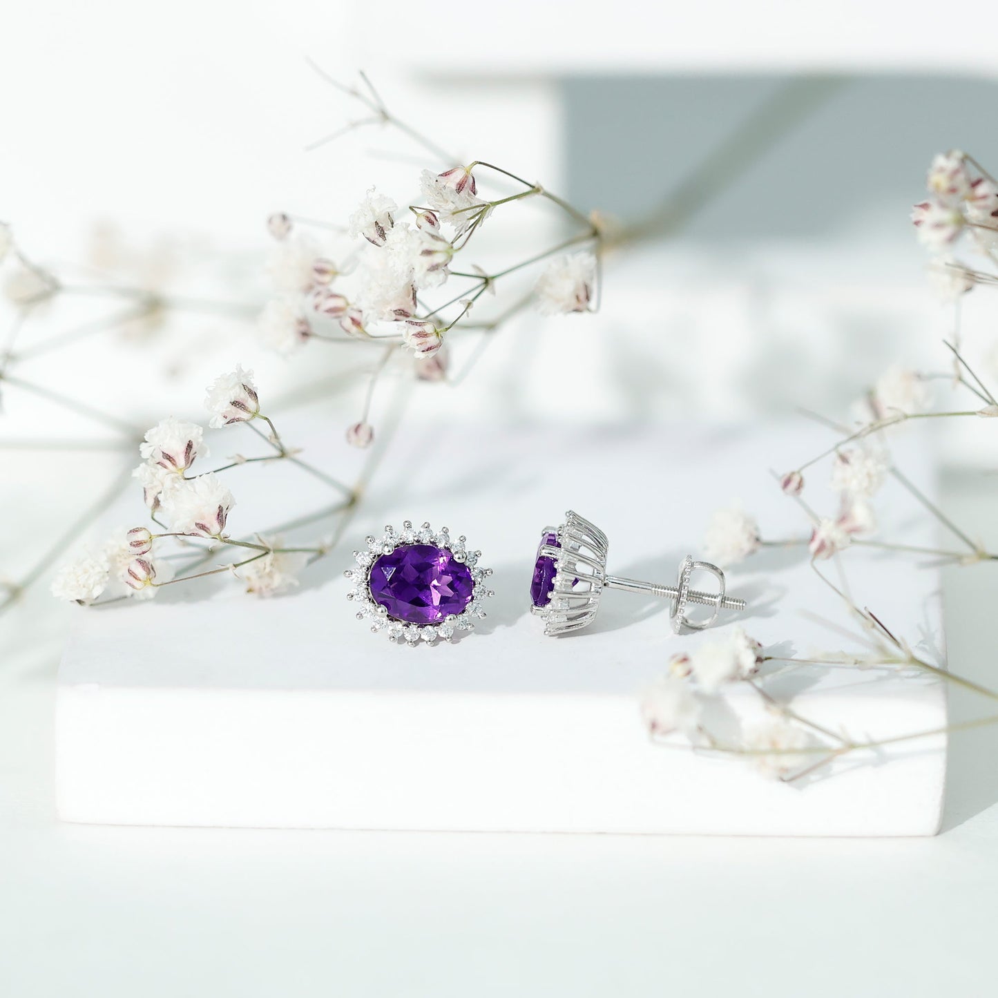 Classic Oval Amethyst Stud Earrings with Moissanite Halo