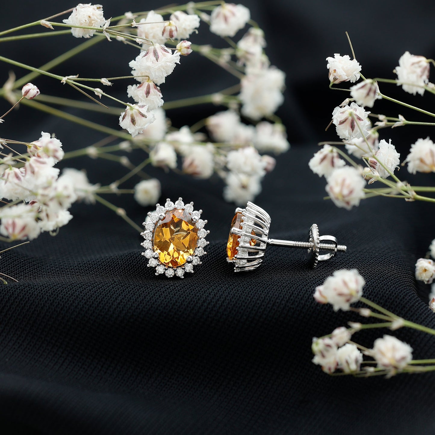 Natural 2.2 Carat Oval Citrine Stud Earrings with Halo