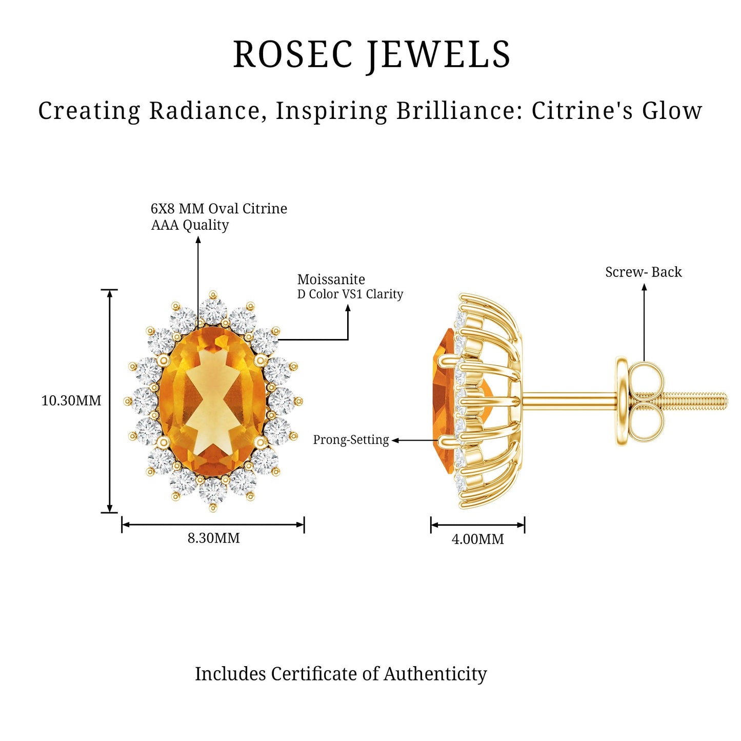 Natural 2.2 Carat Oval Citrine Stud Earrings with Halo