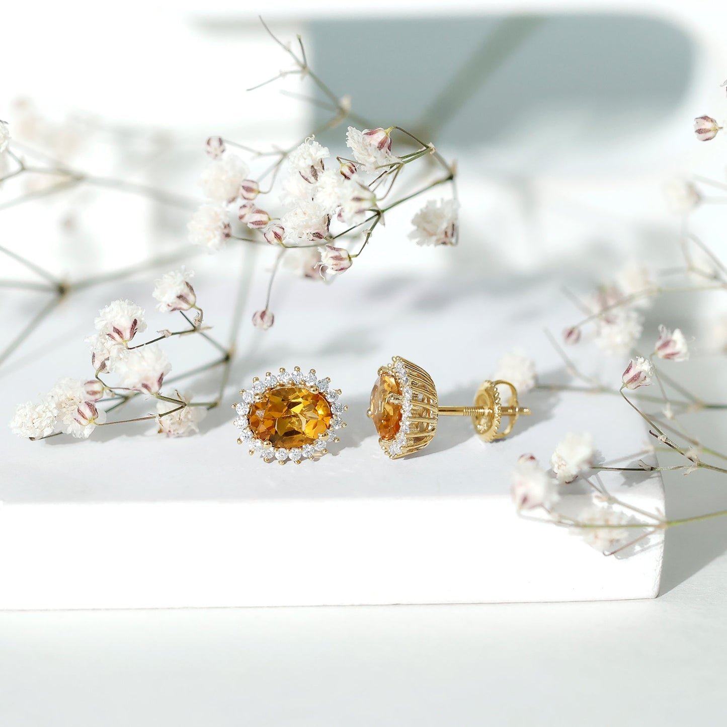 Natural 2.2 Carat Oval Citrine Stud Earrings with Halo