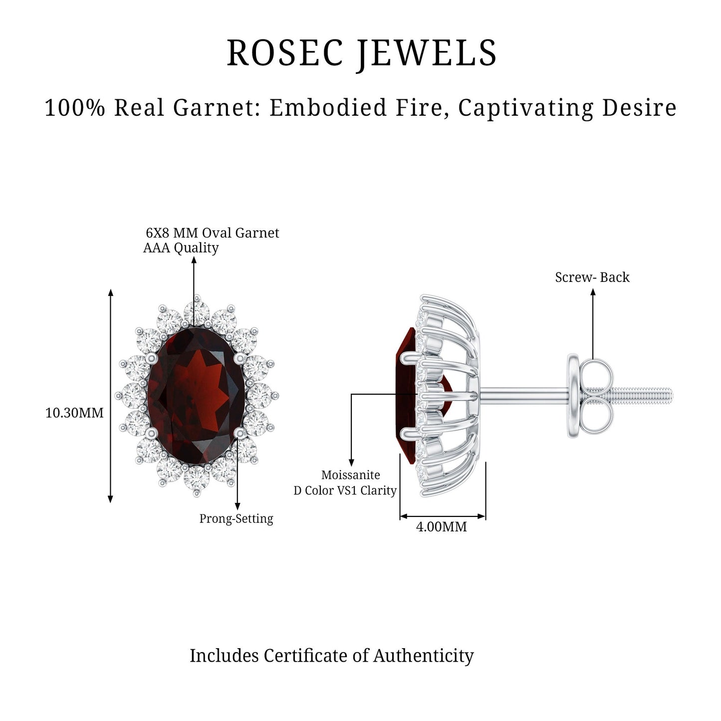 3 Carat Garnet Oval Stud Earrings with Moissanite Halo