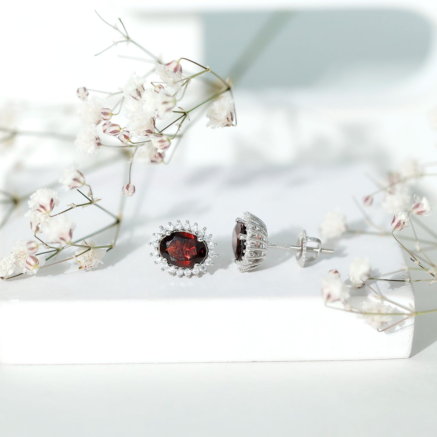 3 Carat Garnet Oval Stud Earrings with Moissanite Halo