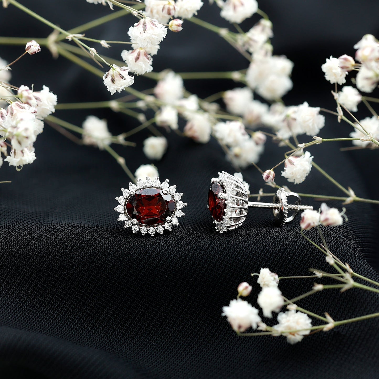 3 Carat Garnet Oval Stud Earrings with Moissanite Halo