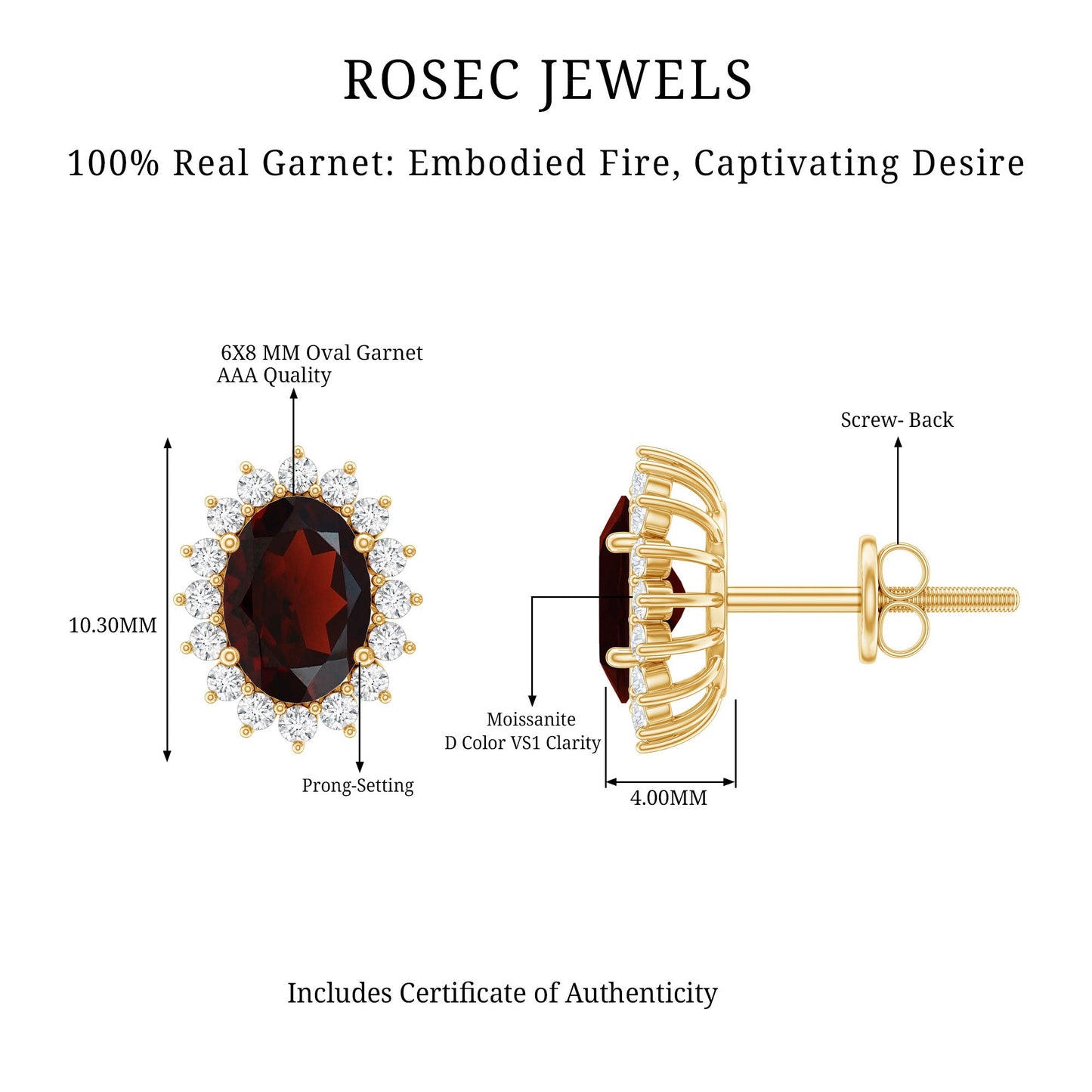 3 Carat Garnet Oval Stud Earrings with Moissanite Halo