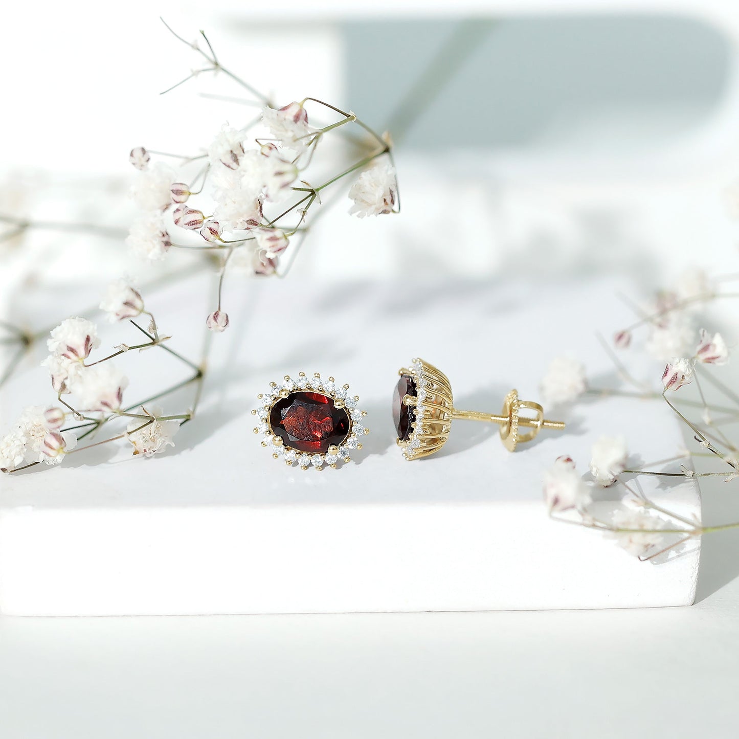 3 Carat Garnet Oval Stud Earrings with Moissanite Halo