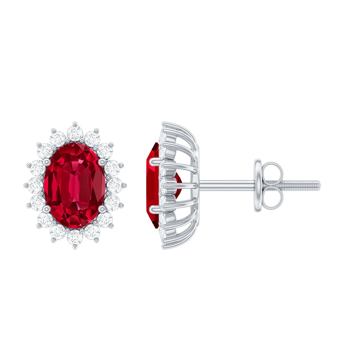 3 Carat Oval Lab Created Ruby Stud Earrings with Diamond Halo