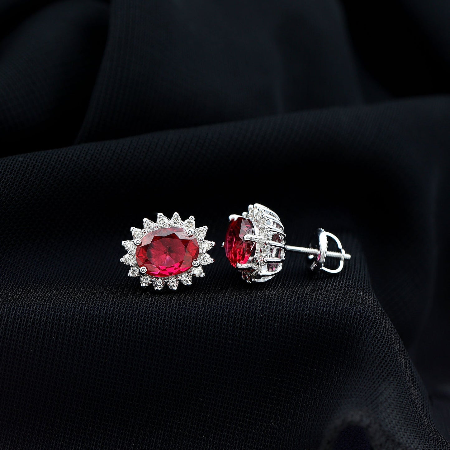 3 Carat Oval Lab Created Ruby Stud Earrings with Diamond Halo