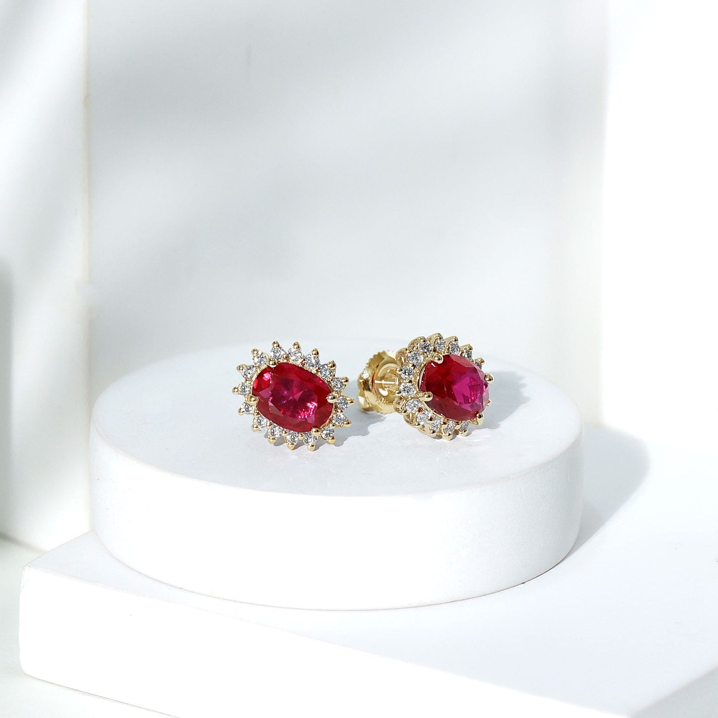 3 Carat Oval Lab Created Ruby Stud Earrings with Diamond Halo