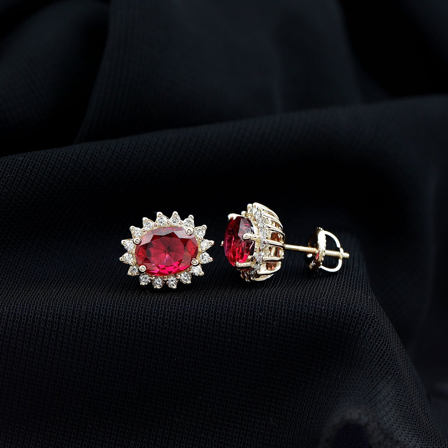 3 Carat Oval Lab Created Ruby Stud Earrings with Diamond Halo