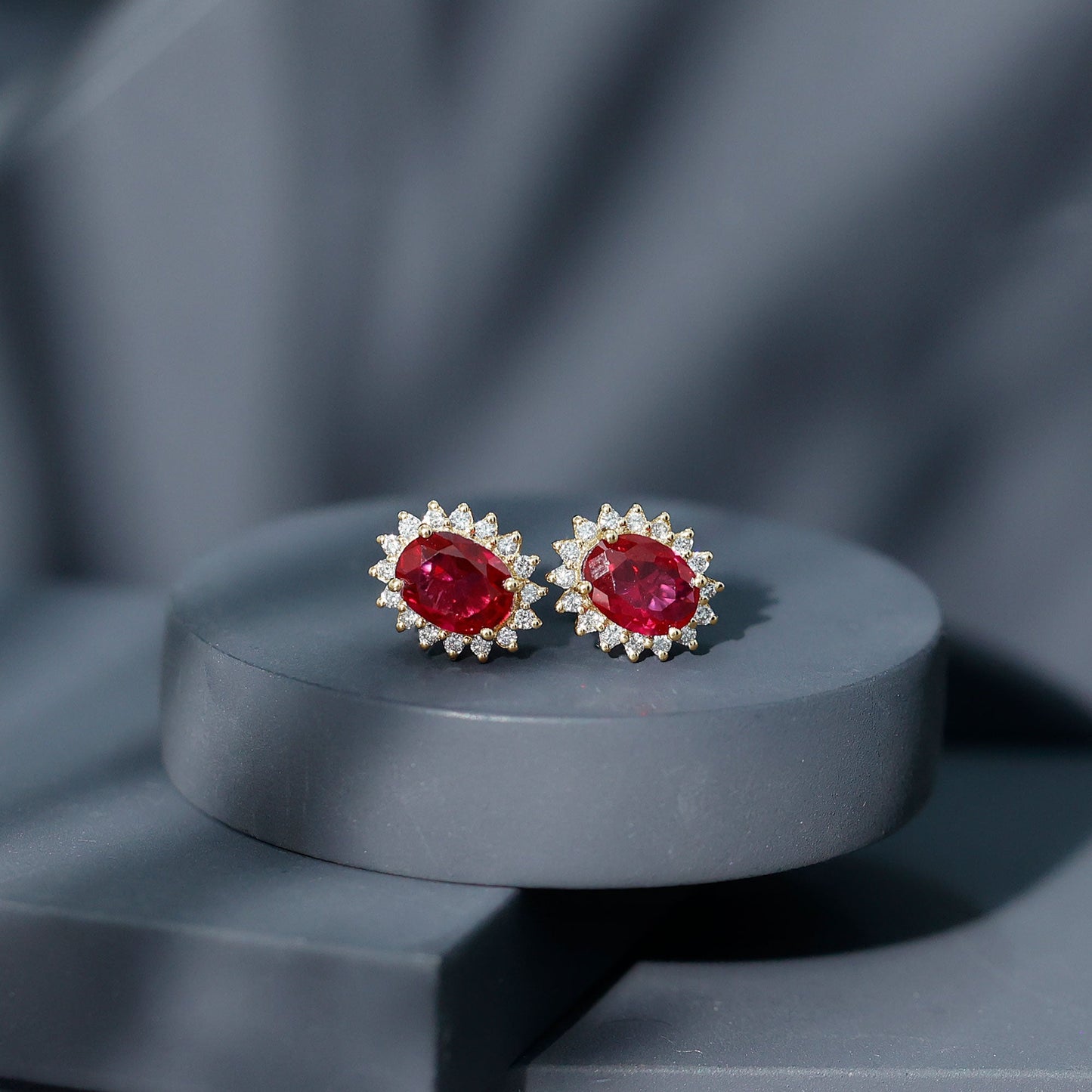 3 Carat Oval Lab Created Ruby Stud Earrings with Diamond Halo