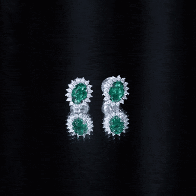 Lab Created Emerald Oval Stud Earrings with Moissanite Halo