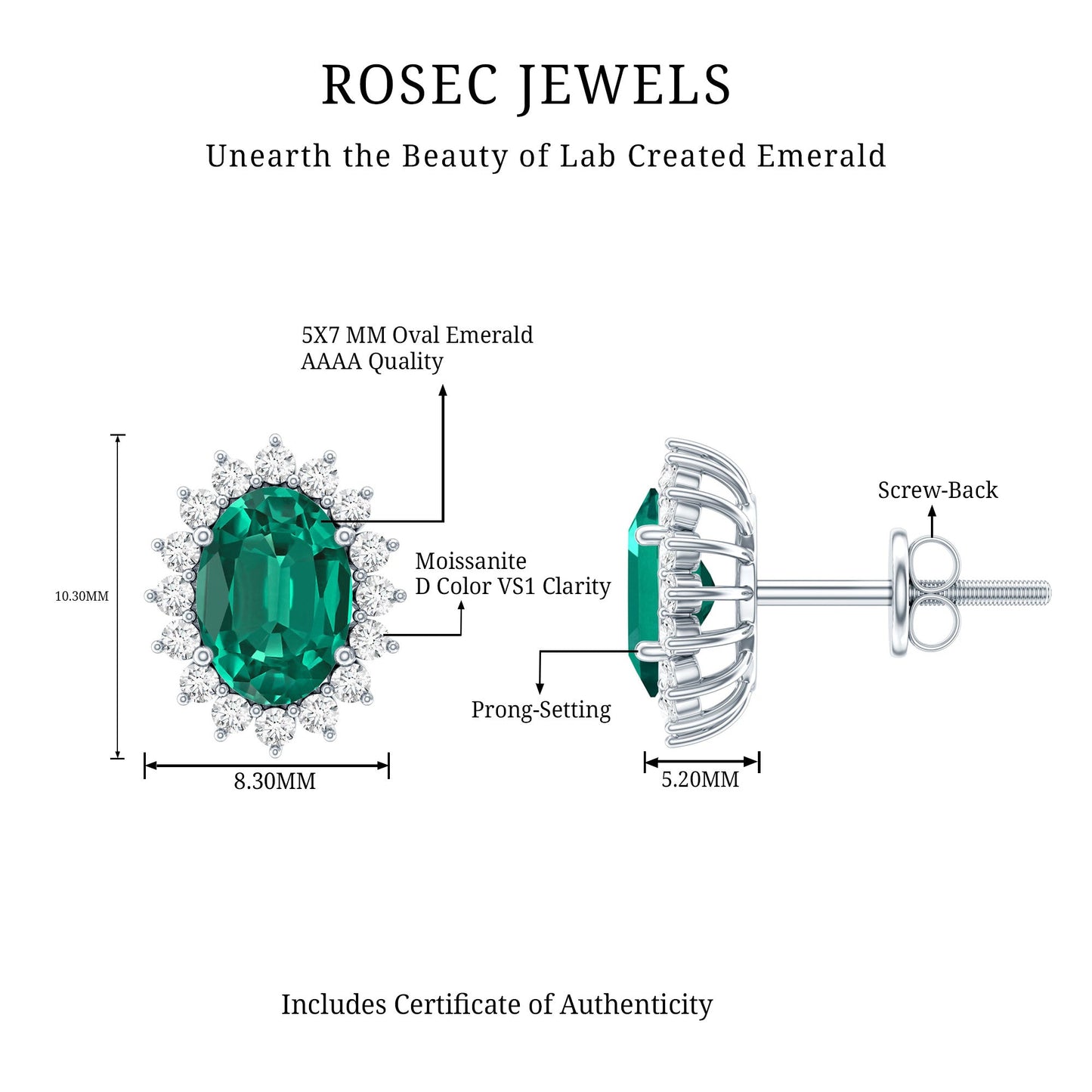 Lab Created Emerald Oval Stud Earrings with Moissanite Halo