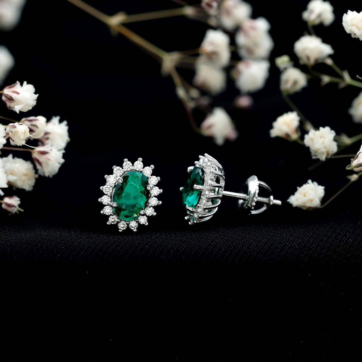 Lab Created Emerald Oval Stud Earrings with Moissanite Halo