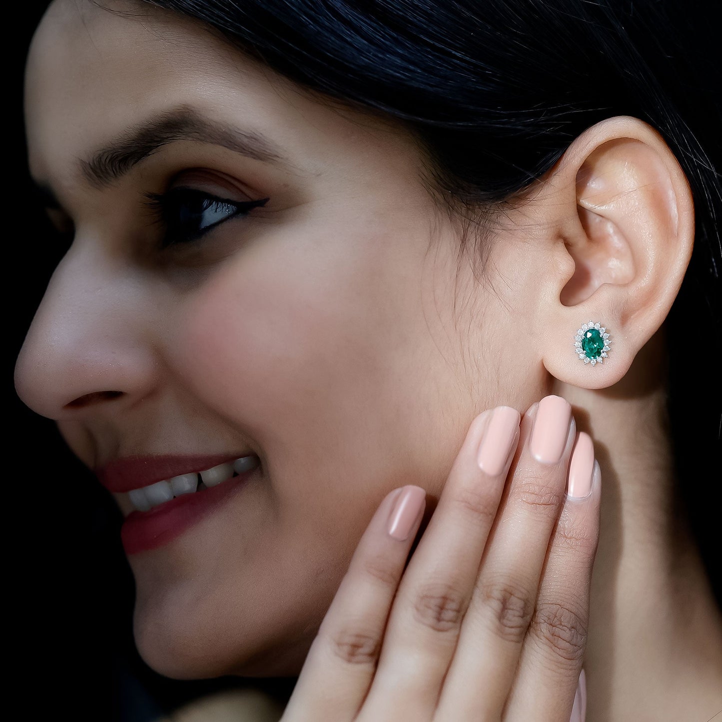 Lab Created Emerald Oval Stud Earrings with Moissanite Halo