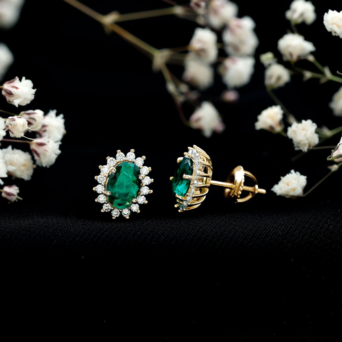 Lab Created Emerald Oval Stud Earrings with Moissanite Halo