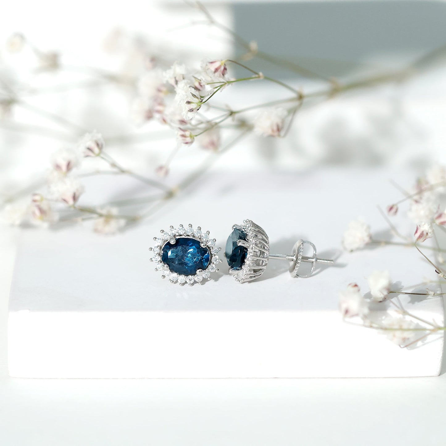 2.2 Carat Oval London Blue Topaz Stud Earrings with Moissanite Halo