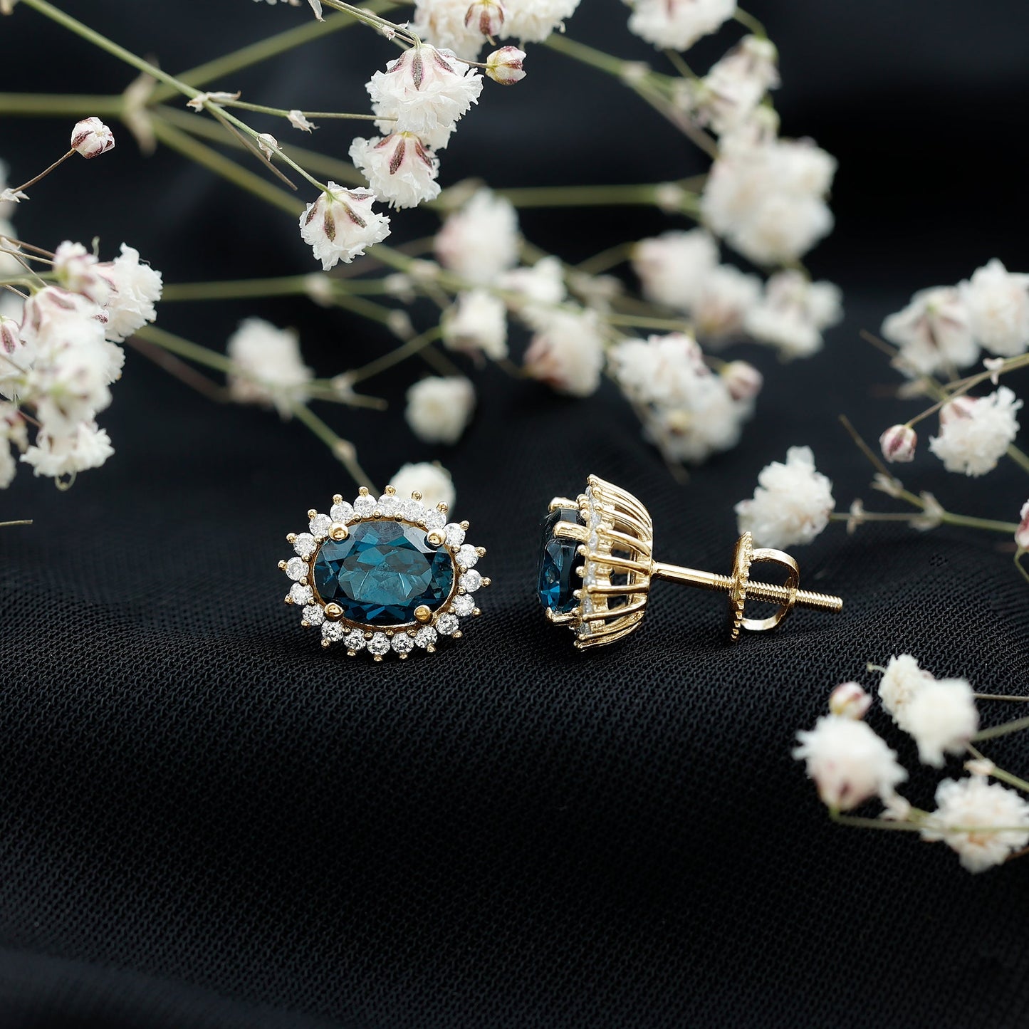 2.2 Carat Oval London Blue Topaz Stud Earrings with Moissanite Halo