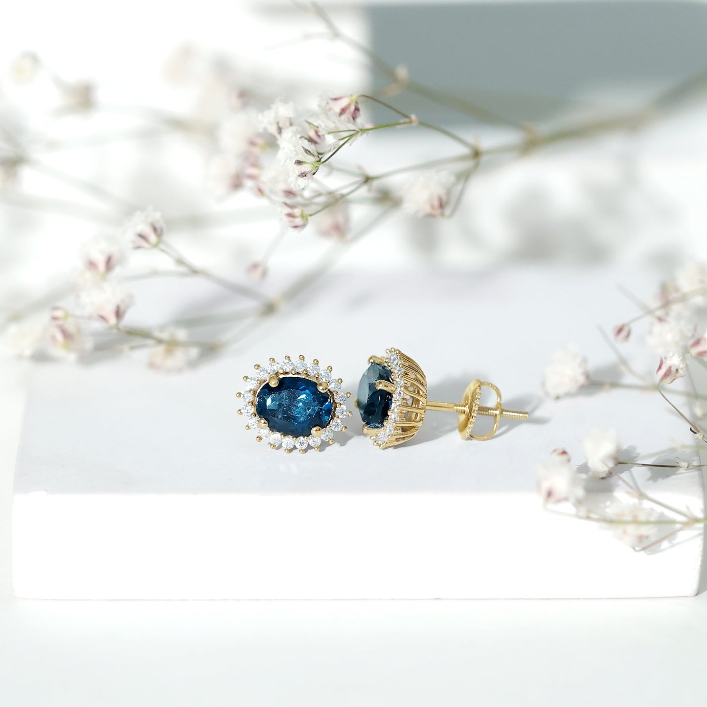 2.2 Carat Oval London Blue Topaz Stud Earrings with Moissanite Halo