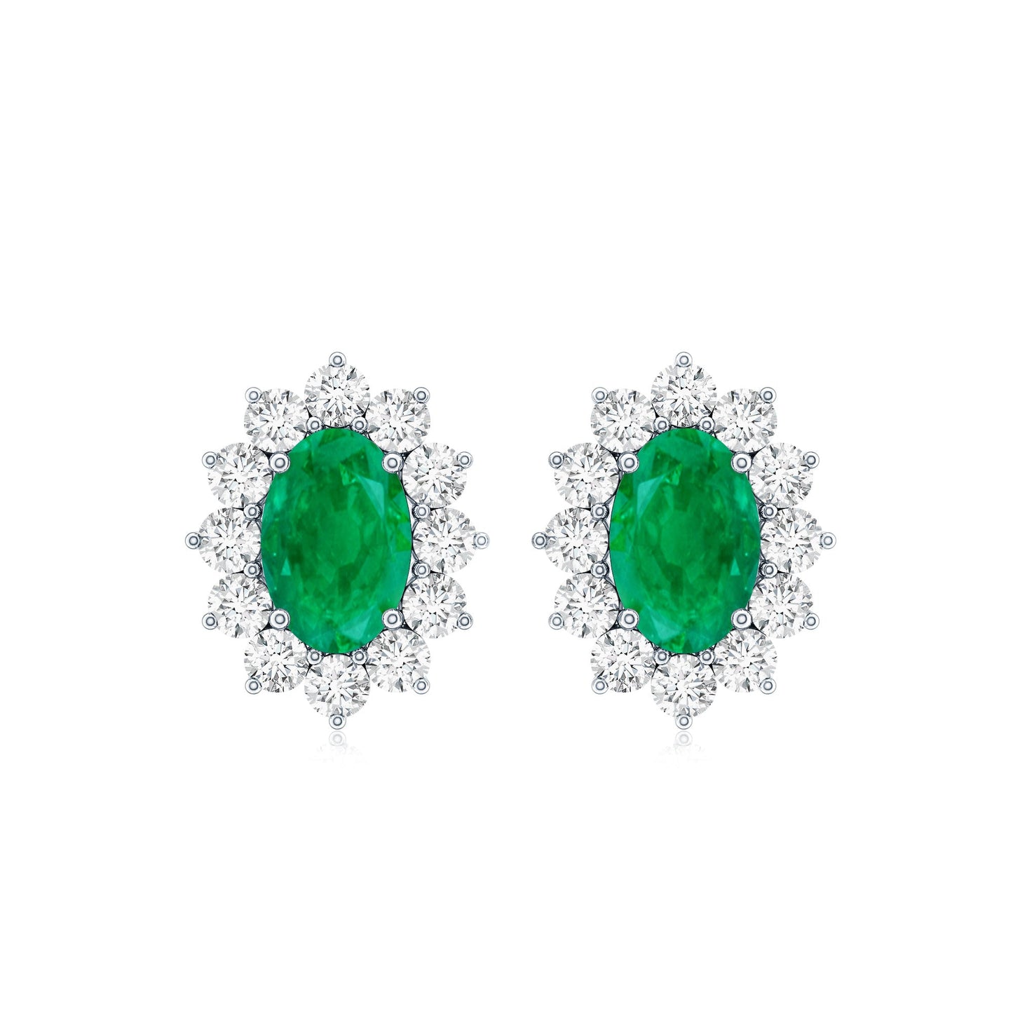 Oval Cut Natural Emerald Stud Earrings with Diamond Halo