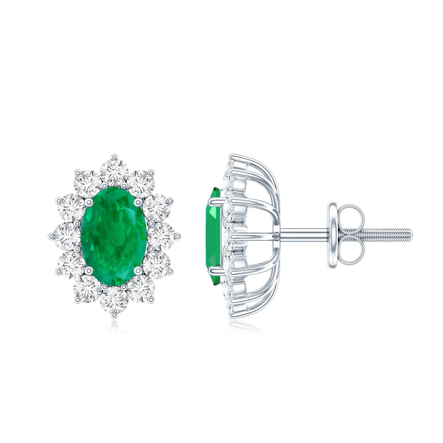 Oval Cut Natural Emerald Stud Earrings with Diamond Halo