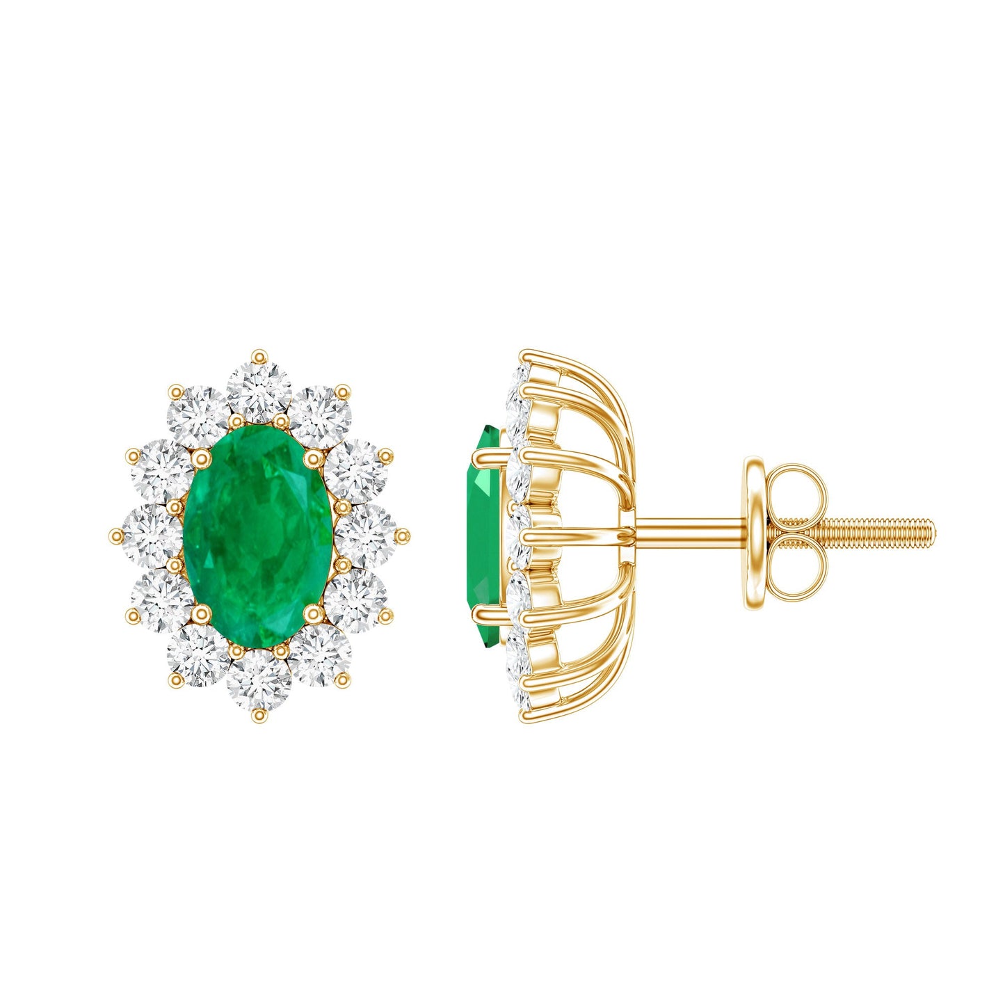 Oval Cut Natural Emerald Stud Earrings with Diamond Halo
