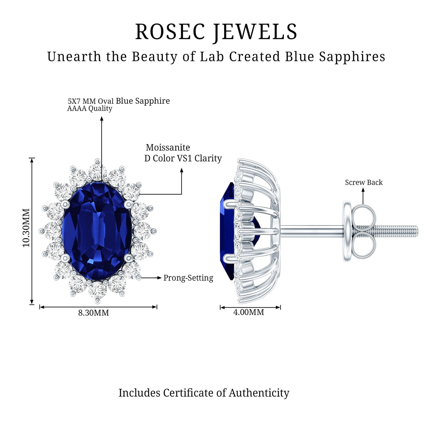 Lab Created Blue Sapphire Oval Stud Earrings with Moissanite Halo