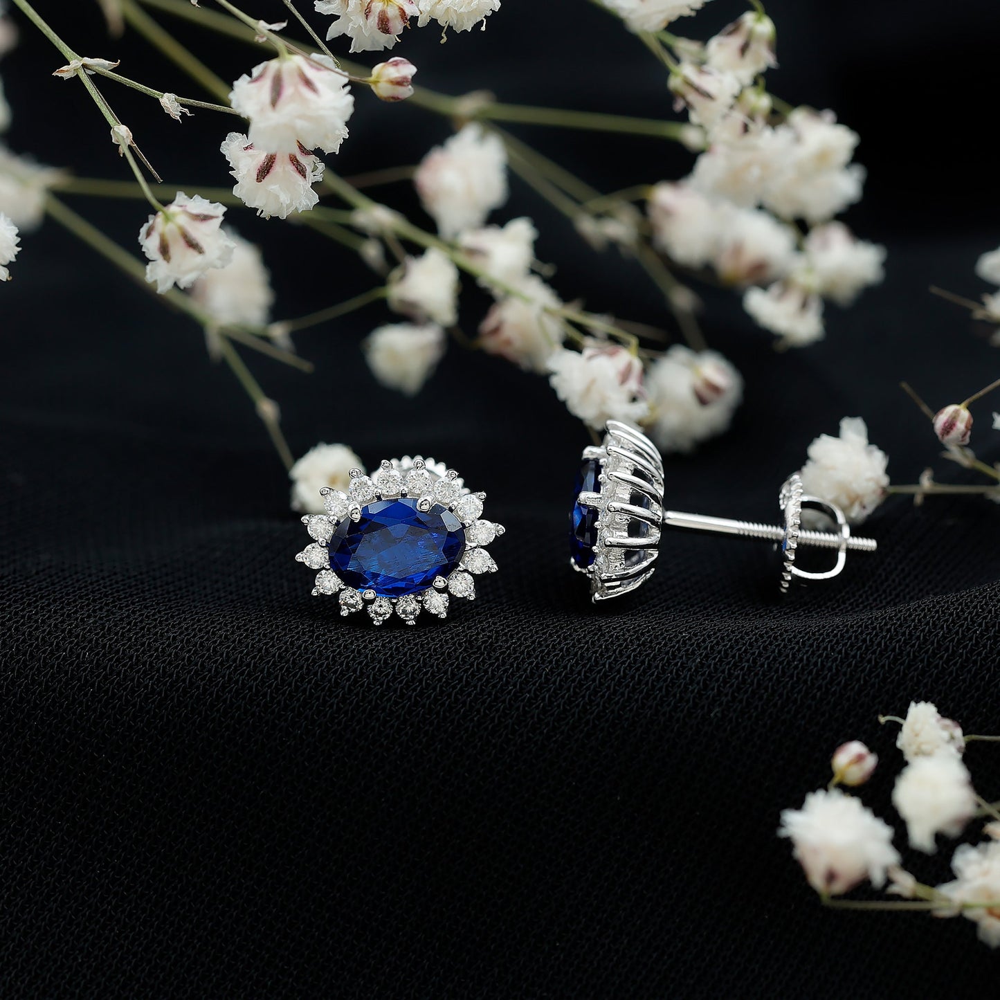 Lab Created Blue Sapphire Oval Stud Earrings with Moissanite Halo