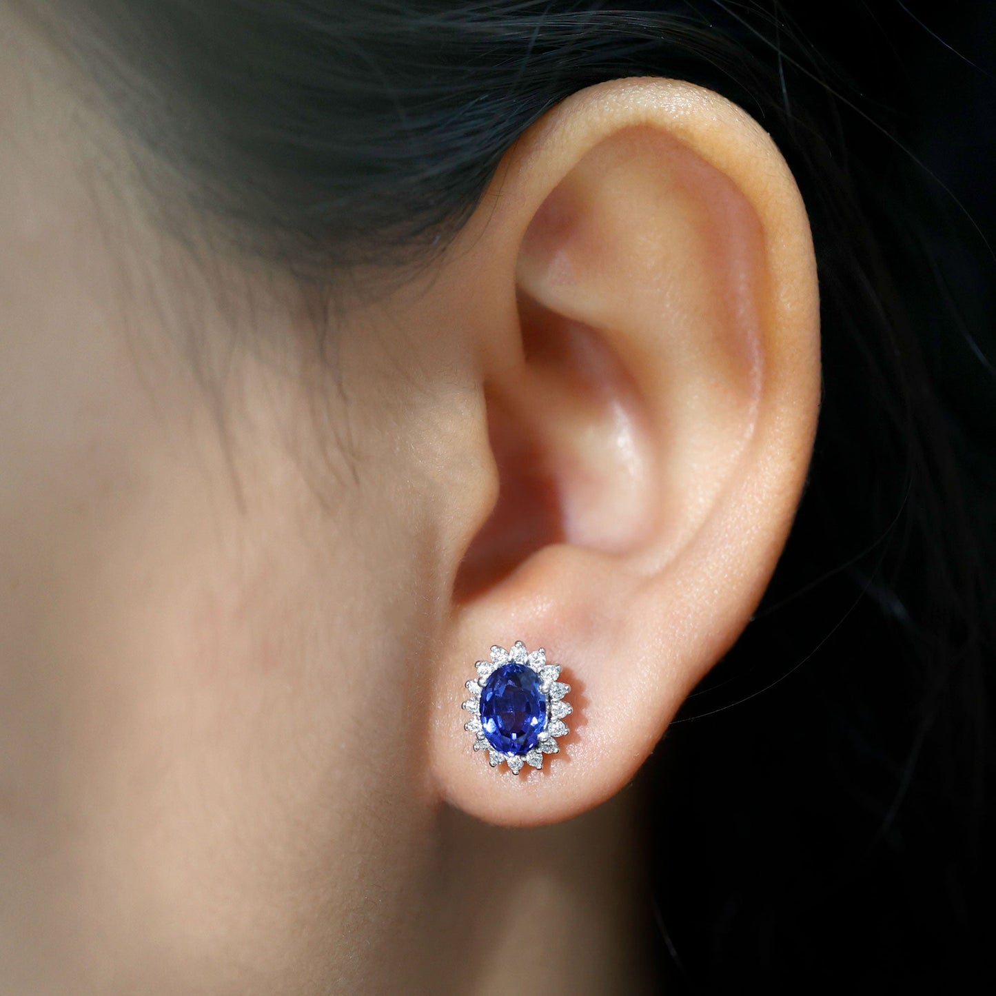 Lab Created Blue Sapphire Oval Stud Earrings with Moissanite Halo