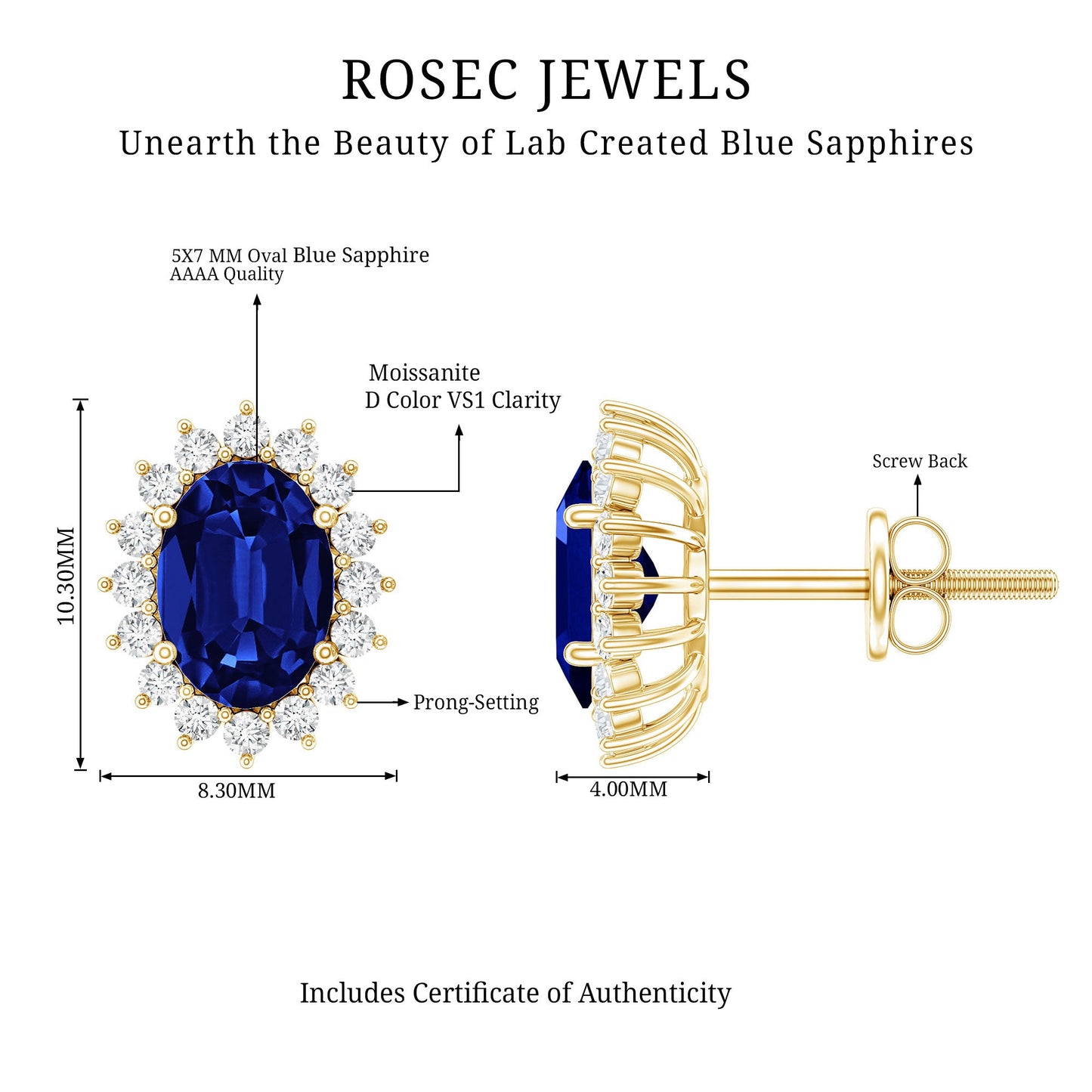 Lab Created Blue Sapphire Oval Stud Earrings with Moissanite Halo